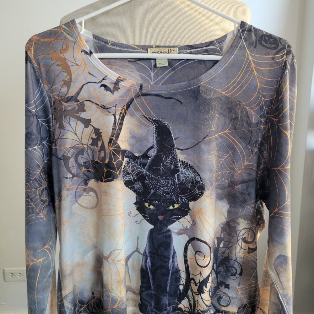One World Top Witchy Gothic Cat High Low Hem Halloween Top (Size: XL) - Picture 10 of 15